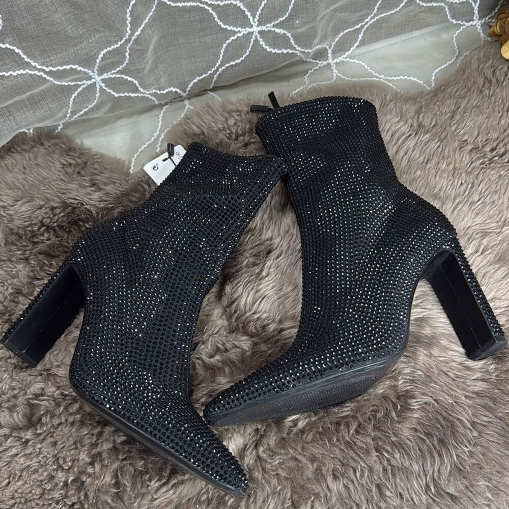 (W2) ZARA Women's Black Rhinestone Heeled Ankle Boots Size 37/6.5US - Picture 8 of 12